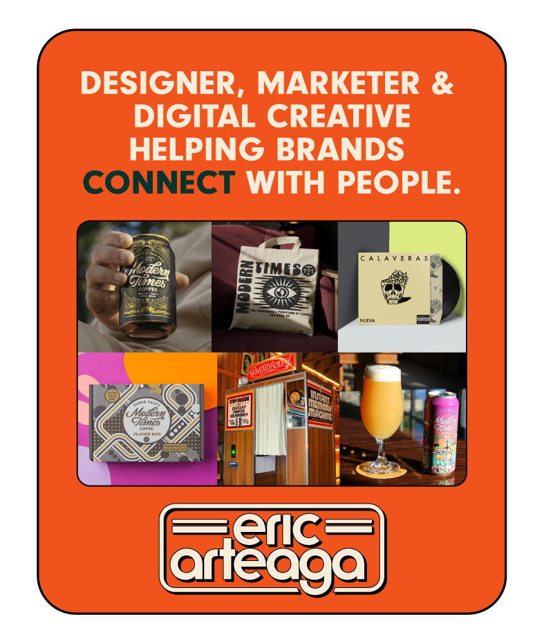 Portfolio collage featuring design, marketing, web, and illustration work by Eric Arteaga